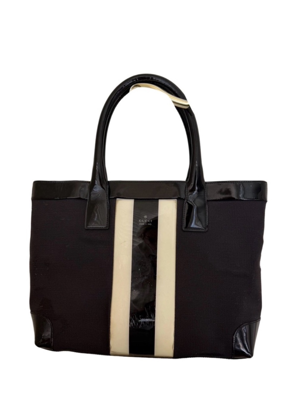 Vintage Gucci Black Canvas Tote with Ivory Center Stripe and Patent Trim